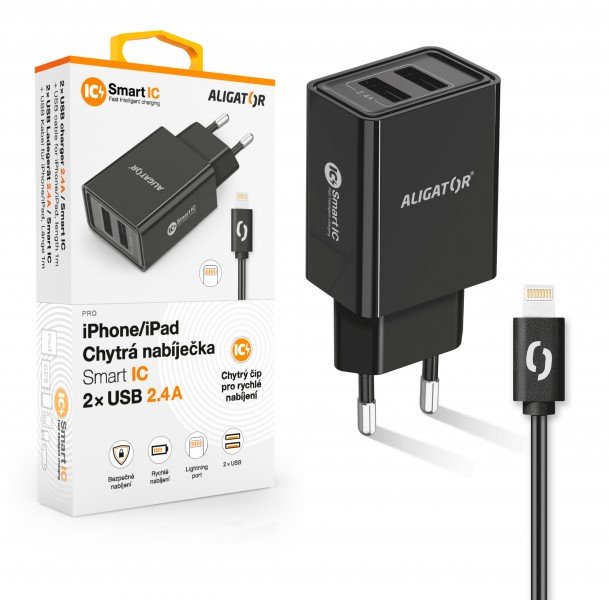 ALIGATOR Chytrá síťová nabíječka 2,4A, 2xUSB, smart IC, černá, USB kabel pro iPhone/ iPad - obrázek produktu
