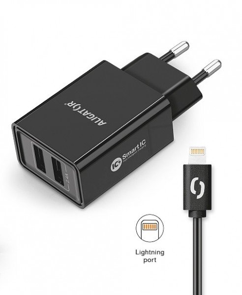 ALIGATOR Chytrá síťová nabíječka 2,4A, 2xUSB, smart IC, černá, USB kabel pro iPhone/ iPad - obrázek č. 1