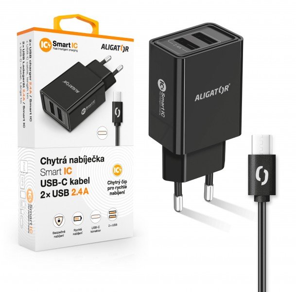 ALIGATOR Chytrá síťová nabíječka 2,4A, 2xUSB, smart IC, černá, USB-C kabel - obrázek produktu