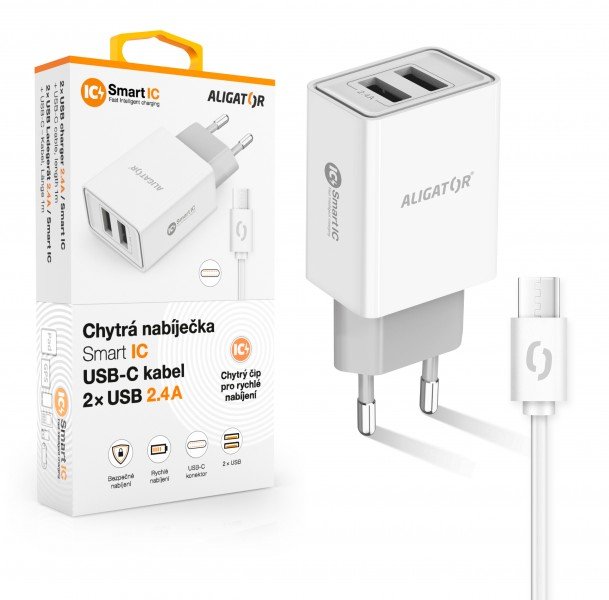ALIGATOR Chytrá síťová nabíječka 2,4A, 2xUSB, smart IC, bílá, USB-C kabel - obrázek produktu