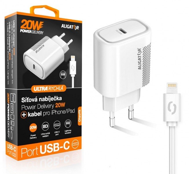 Aligator POWER DELIVERY 20W, USB-C, bílá, USB-C kabel pro iPhone/ iPad - obrázek produktu