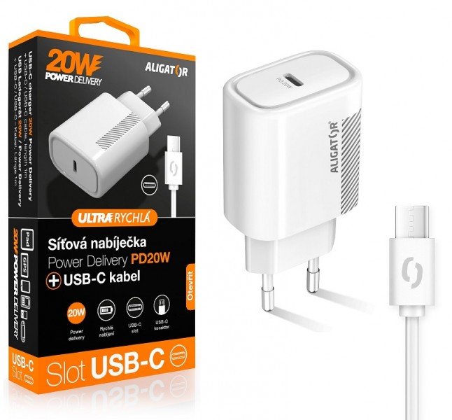 Aligator POWER DELIVERY 20W, USB-C, bílá, USB-C/ USB-C kabel - obrázek produktu