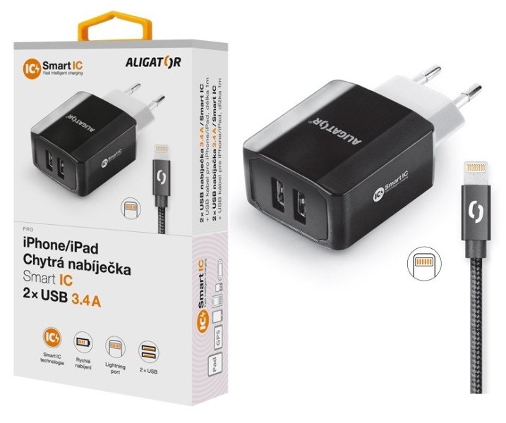 Chytrá síťová nabíječka ALIGATOR 3.4A, 2xUSB, smart IC, černá, kabel pro iPhone/ iPad 2A - obrázek produktu