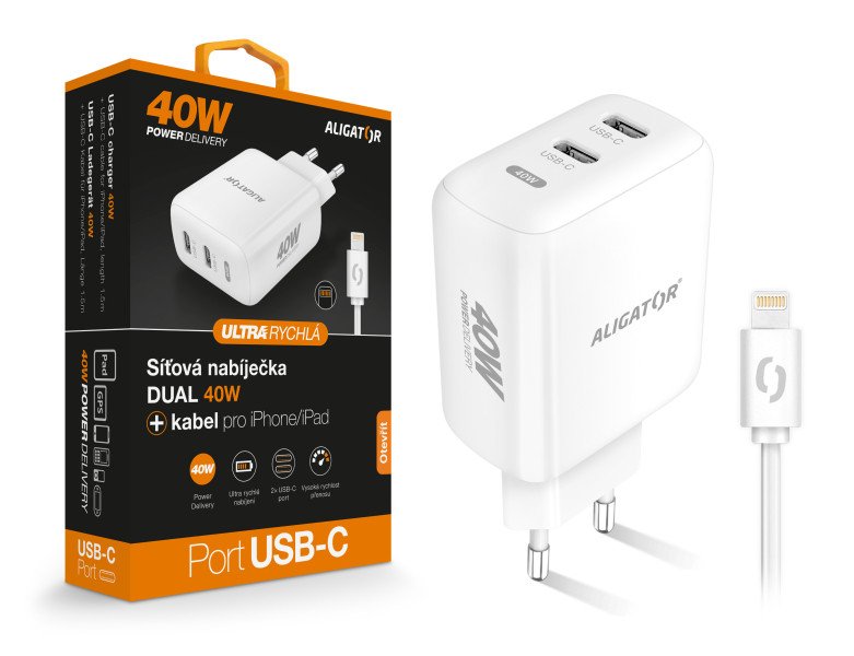 Chytrá síťová nabíječka ALIGATOR Power Delivery 40W, 2xUSB-C, USB-C kabel pro iPhone/ iPad, bílá - obrázek produktu