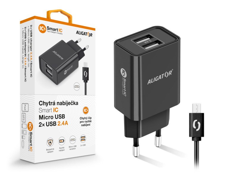 Chytrá síťová nabíječka ALIGATOR 2,4A, 2xUSB, smart IC, černá, micro USB kabel - obrázek produktu