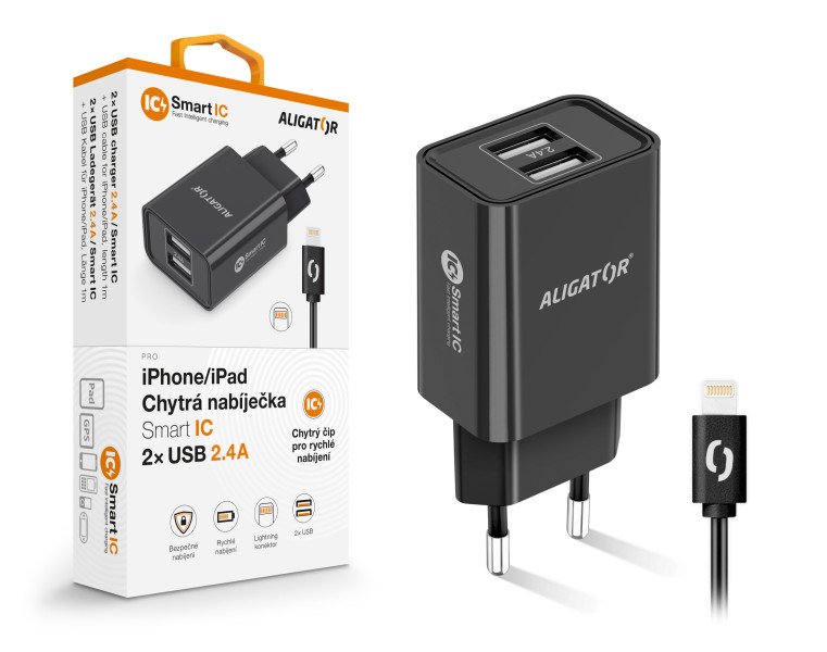 Chytrá síťová nabíječka ALIGATOR 2,4A, 2xUSB, smart IC, černá, USB kabel pro iPhone/ iPad - obrázek produktu