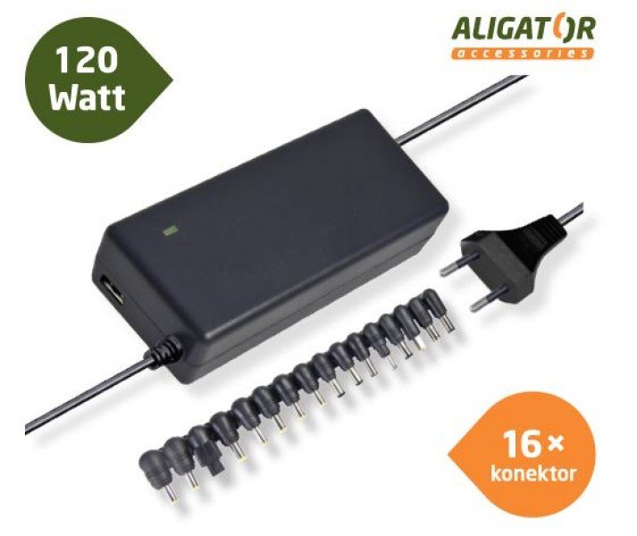 Aligator Univerzální adaptér k notebooku 120W s USB výstupem a 16 výměnnými konektory - obrázek produktu