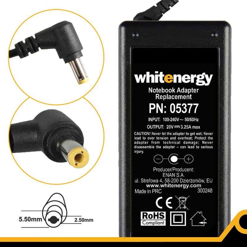 Whitenergy napájecí zdroj 20V/ 3.25A 65W konektor 5.5x2.5mm - obrázek produktu