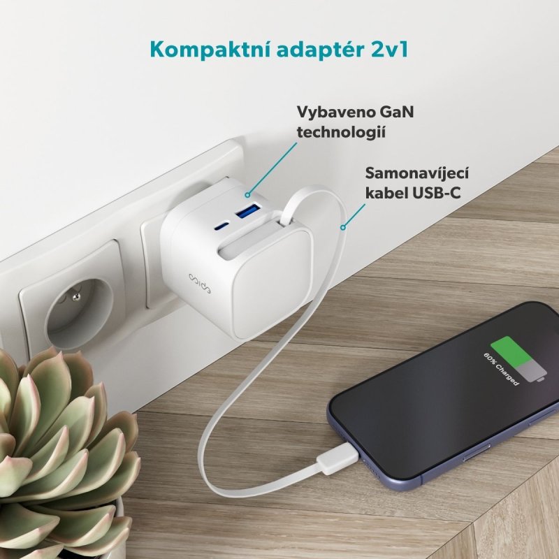 Epico UltraBoost Retractable GaN 65W adaptér EA65c se zabudovaným kabelem - obrázek č. 1