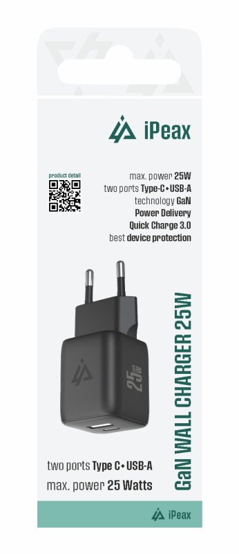 GaN SÍŤOVÁ NABÍJEČKA 25W (USB-C + USB-A) ČERNÁ - obrázek produktu