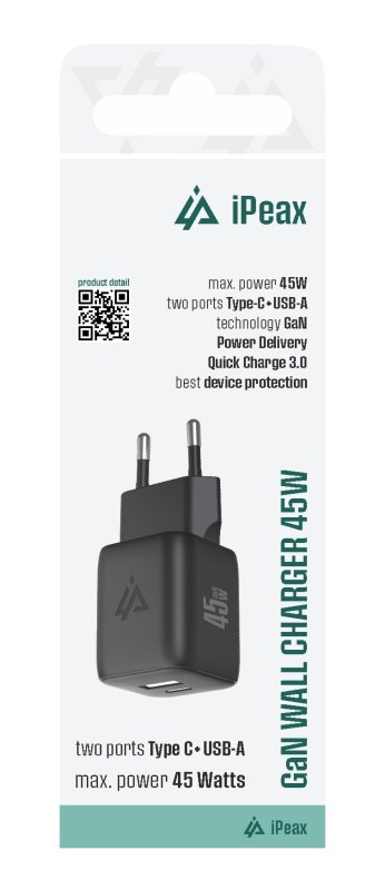 GaN SÍŤOVÁ NABÍJEČKA 45W (USB-C + USB-A) ČERNÁ - obrázek produktu
