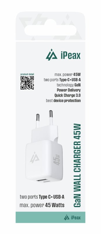 GaN SÍŤOVÁ NABÍJEČKA 45W (USB-C + USB-A) BÍLÁ - obrázek produktu