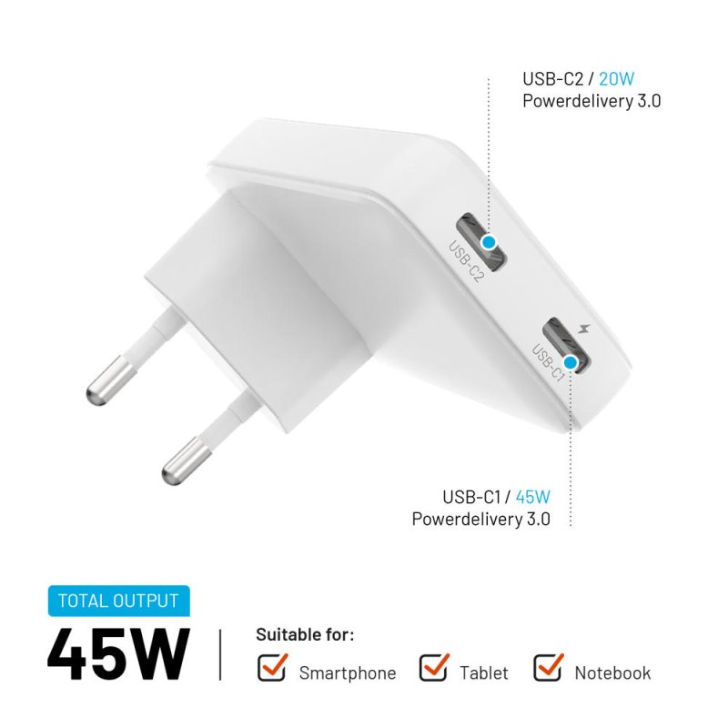 GaN nabíječka FIXED Slim, 45W, PD2.0, 2xUSB -C - obrázek č. 2
