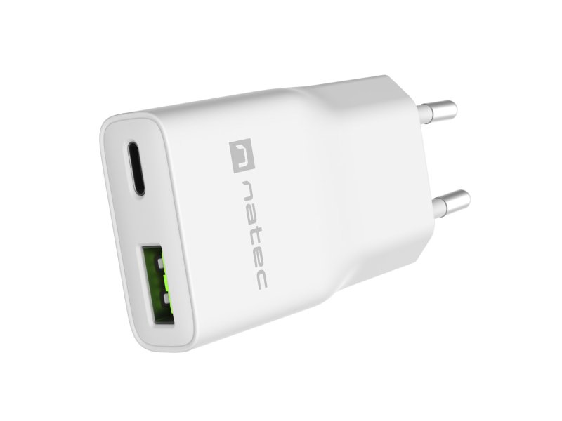 Univerzální USB nabíječka Natec RIBERA GaN SLIM, 20 W, 1X USB-A + 1X USB-C, Bílá - obrázek produktu