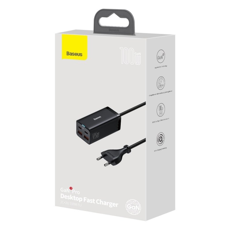Baseus Rychlonabíječka do sítě GaN3, 2x USB-A, 2x USB-C 100W černá - obrázek č. 6
