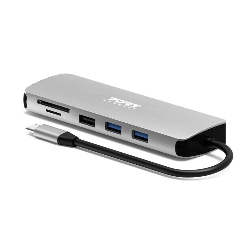 PORT CONNECT USB-C 1× 4K dokovací stanice, 9v1, hliníková konstrukce, 85W PD, stříbrná - obrázek produktu