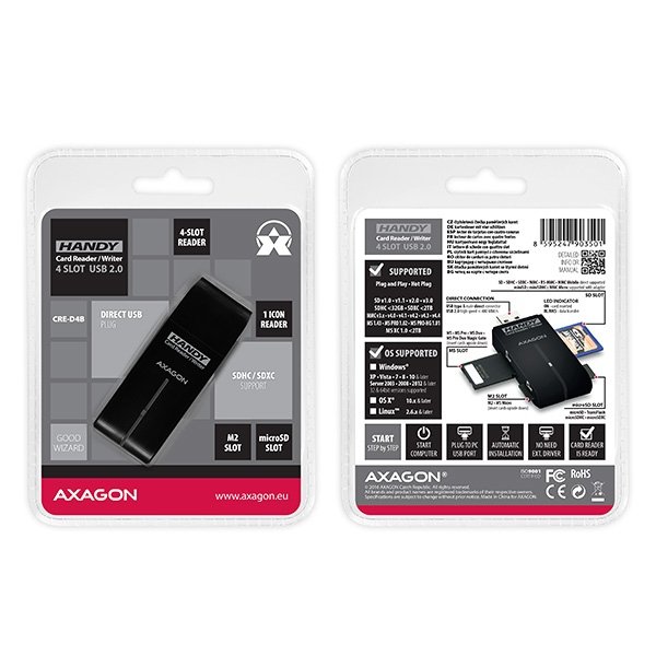 AXAGON CRE-D4B, USB 2.0 externí HANDY čtečka 4-slot SD/ MicroSD/ MS/ M2, černá - obrázek č. 9