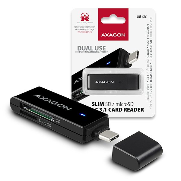 AXAGON CRE-S2C, USB 3.1 Type-C - externí SLIM čtečka 2-slot SD/ microSD, podpora UHS-I - obrázek produktu