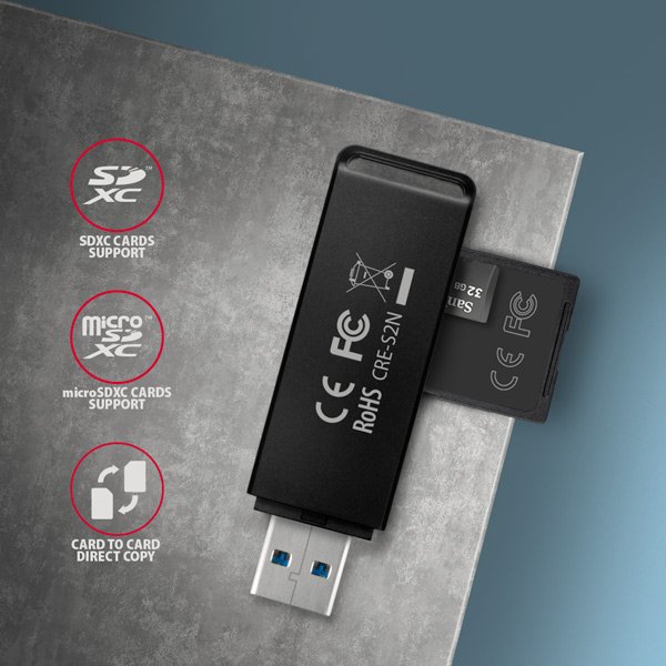 AXAGON CRE-S2N, USB-A 3.2 Gen 1 - SUPERSPEED čtečka karet, 2-slot & lun SD/ microSD, podpora UHS-I - obrázek č. 2