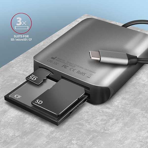 AXAGON CRE-S3C, USB-C 3.2 Gen 1 - SUPERSPEED čtečka karet 3-slot & lun SD/ microSD/ CF, podpora UHS-II - obrázek č. 2