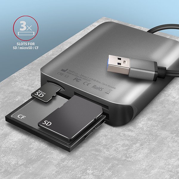 AXAGON CRE-S3, USB-A 3.2 Gen 1 - SUPERSPEED čtečka karet, 3-slot & lun SD/ microSD/ CF, podpora UHS-II - obrázek č. 2