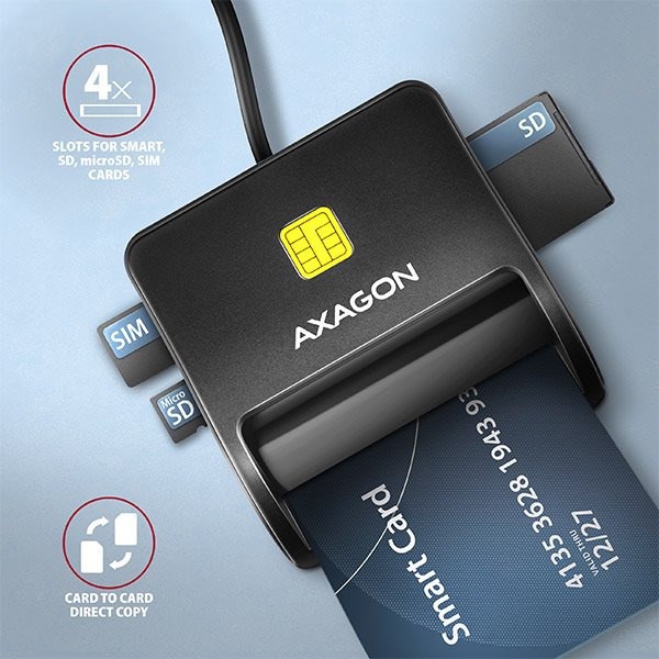 AXAGON CRE-SM3SD, USB-A FlatReader čtečka Smart card (eObčanka) + SD/ microSD/ SIM, kabel 1.3 m - obrázek č. 2