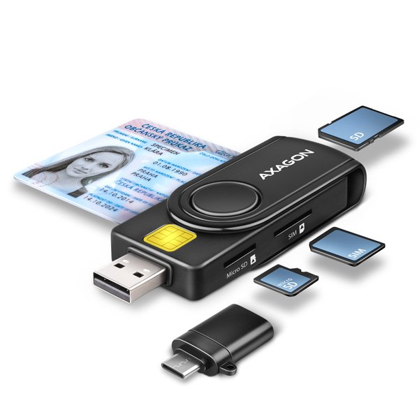 AXAGON CRE-SMP2A, USB-A + USB-C PocketReader 4-slot čtečka Smart card (eObčanka) + SD/ microSD/ SIM - obrázek produktu