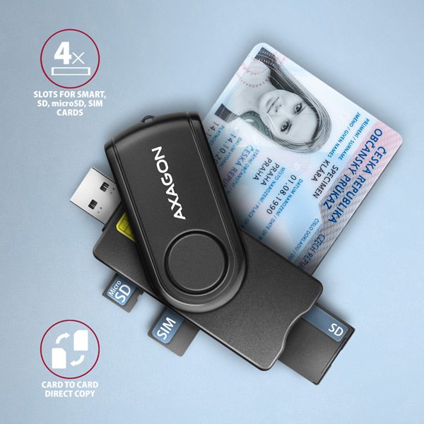 AXAGON CRE-SMP2A, USB-A + USB-C PocketReader 4-slot čtečka Smart card (eObčanka) + SD/ microSD/ SIM - obrázek č. 2