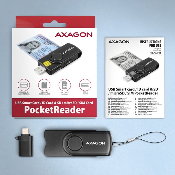 AXAGON CRE-SMP2A, USB-A + USB-C PocketReader 4-slot čtečka Smart card (eObčanka) + SD/ microSD/ SIM - obrázek č. 7