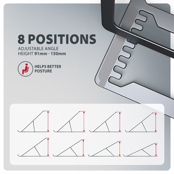 AXAGON STND-LAG hliníkový stojan na notebook 10"-17.3" nastavitelná výška, šedý - obrázek č. 3