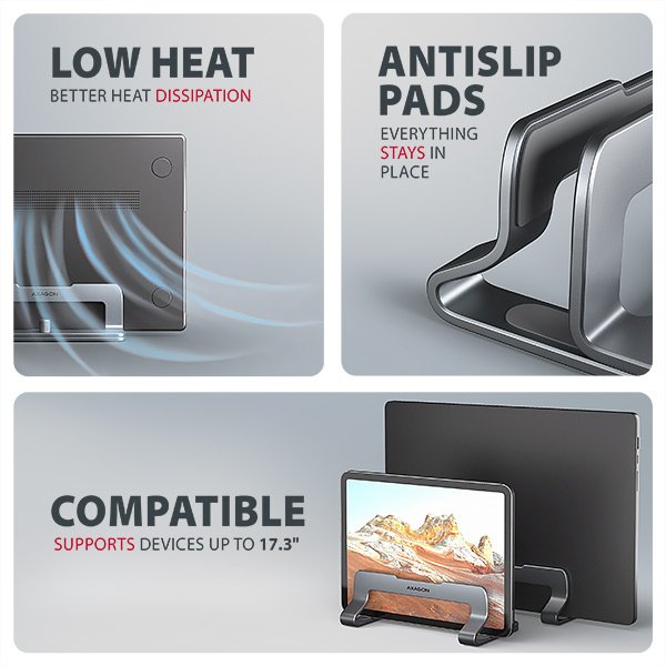 AXAGON STND-VG vertikální hliníkový stojan na notebook 10"-17.3" nastavitelný rozestup, šedý - obrázek č. 2