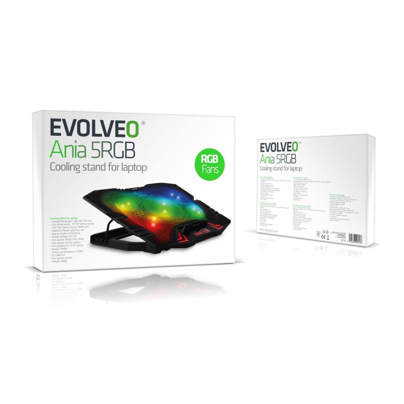EVOLVEO Ania 5RGB, chladicí podložka pro notebook, 5x ventilátor, RGB podsvícení - obrázek č. 2