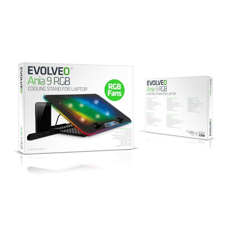 EVOLVEO Ania 9RGB, chladící podložka pod notebook, 6x ventilátor, RGB podsvícení ventilátorů a obvod - obrázek č. 1