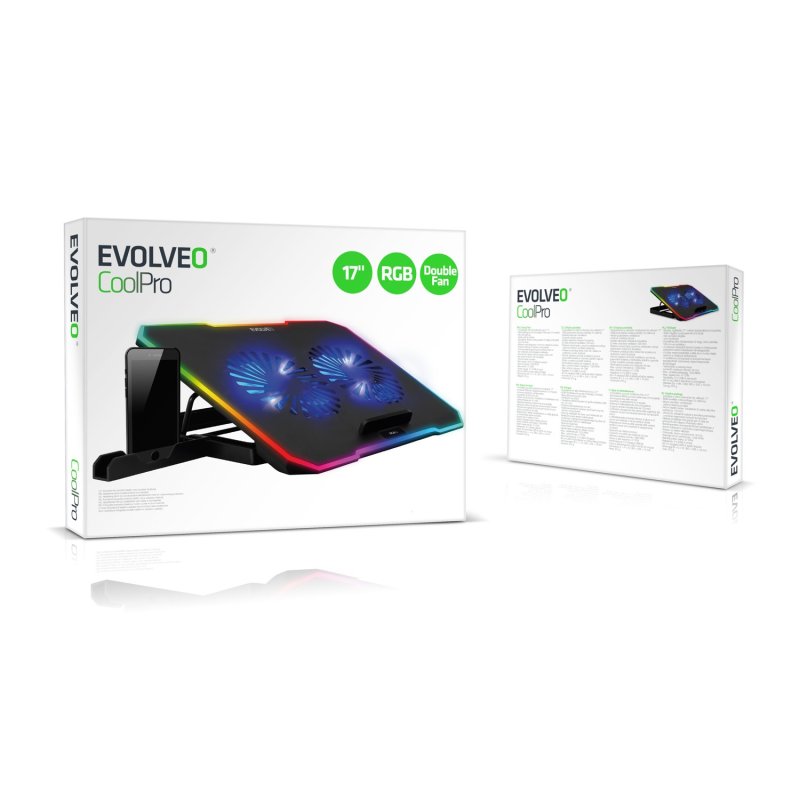EVOLVEO CoolPro, chladící podložka pod notebook, 2x ventilátor, RGB podsvícení, černá - obrázek č. 2