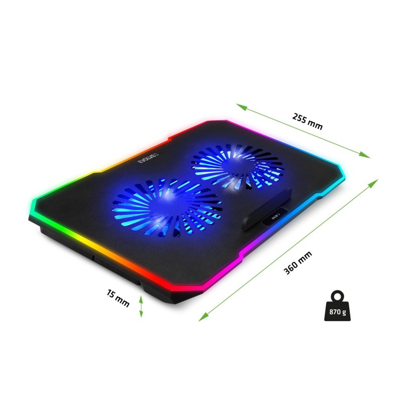 EVOLVEO CoolPro, chladící podložka pod notebook, 2x ventilátor, RGB podsvícení, černá - obrázek č. 1