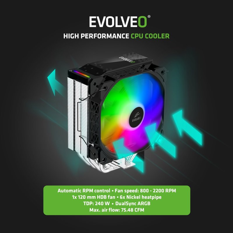 EVOLVEO QuietCool5, CPU chladič, 6x heatpipe, černý - obrázek č. 1