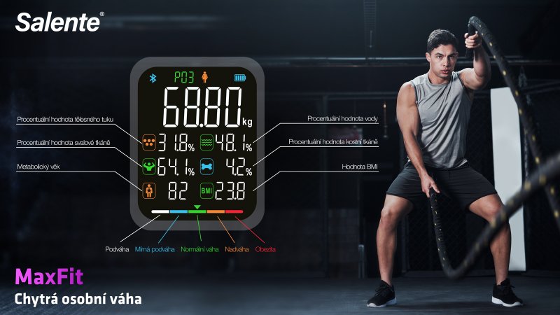 Salente MaxFit, chytrá osobní diagnostická fitness váha, Bluetooth, černá - obrázek č. 3