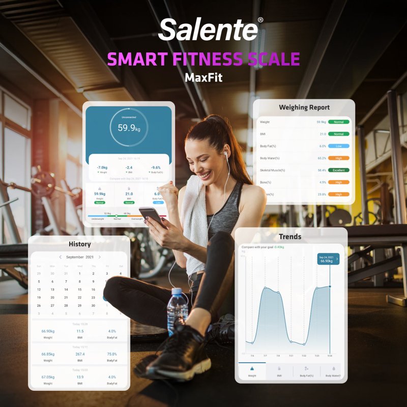 Salente MaxFit, chytrá osobní diagnostická fitness váha, Bluetooth, černá - obrázek č. 2