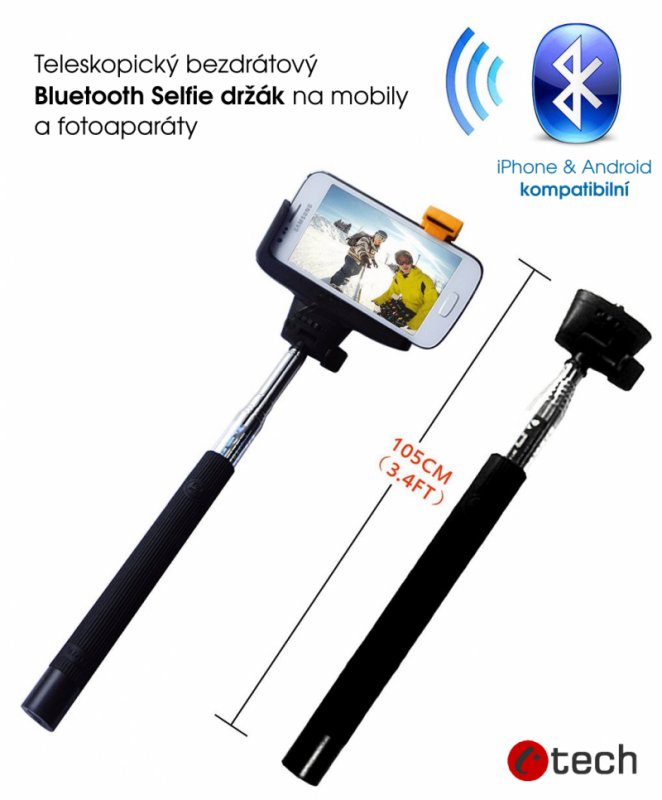 C-TECH Teleskopický selfie držák BT spoušť, černý - obrázek produktu