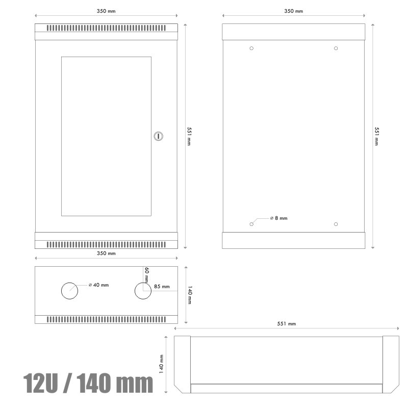 10" rack jednodílný 12U/ 140 DATACOM černý skl.dveře - obrázek č. 2