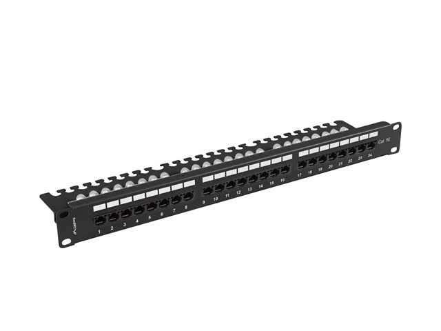 LANBERG PATCH PANEL 24 PORTŮ 1U 19" CAT.5E UTP S POLICÍ ČERNÝ - obrázek č. 1
