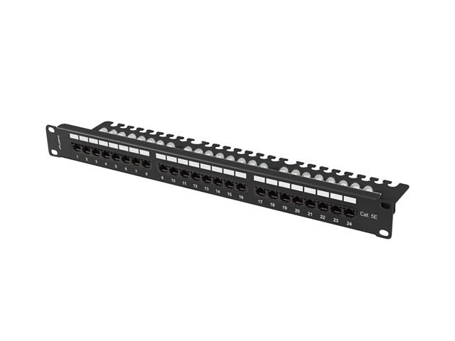 LANBERG PATCH PANEL 24 PORTŮ 1U 19" CAT.5E UTP S POLICÍ ČERNÝ - obrázek produktu