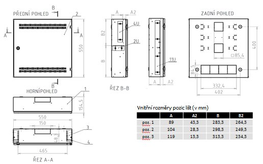 Rozvaděč SOHO nástěnný LC-18 do zdi s lištami 2U, 4U a 11U,550x550 bílá,RAL9003 s rámečkem k zazdění - obrázek produktu