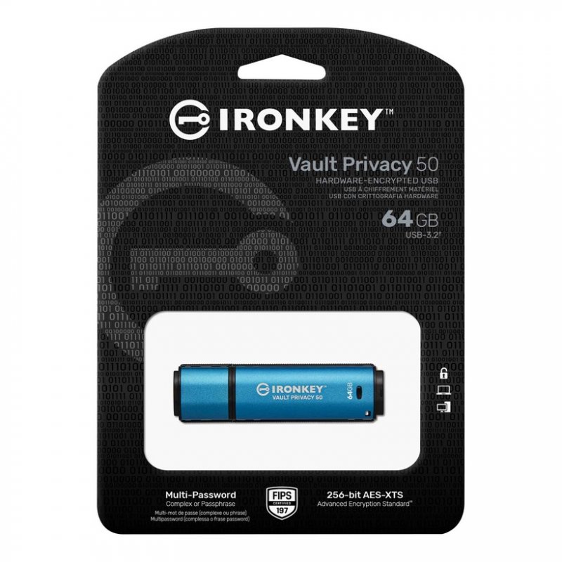 Kingston IronKey Vault Privacy 50/ 64GB/ USB 3.2/ USB-A/ Modrá - obrázek č. 2