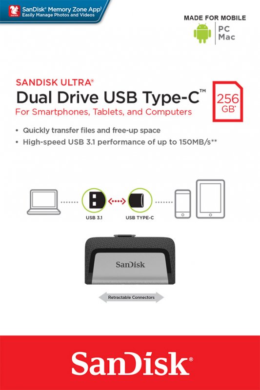 SanDisk Ultra Dual/ 256GB/ USB 3.1/ USB-A + USB-C/ Šedá - obrázek č. 1