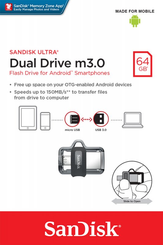 SanDisk Ultra Dual Drive/ 64GB/ 150MBps/ USB 3.0/ Micro USB + USB-A/ Černá - obrázek č. 2