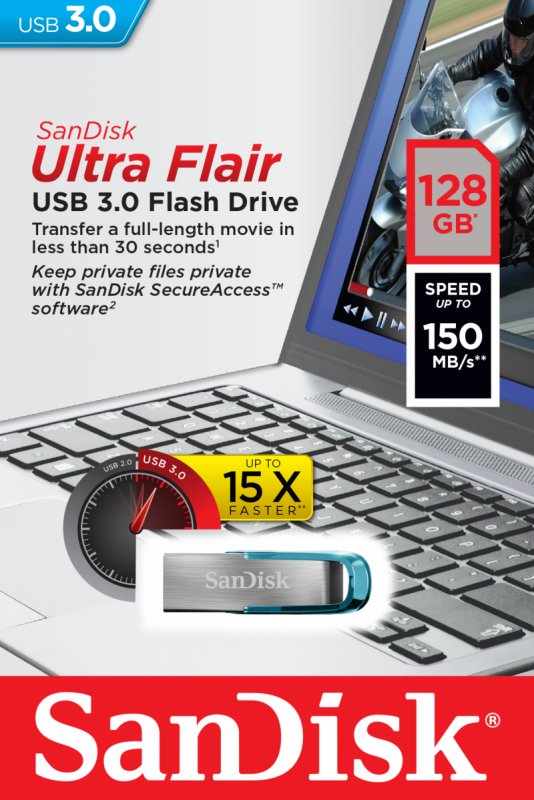 SanDisk Ultra Flair/ 128GB/ 150MBps/ USB 3.0/ USB-A/ Modrá - obrázek č. 2