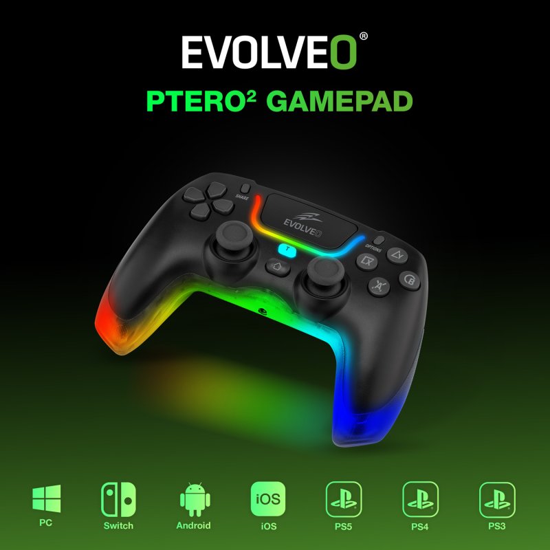 EVOLVEO Ptero2, bezdrátový & drátový gamepad pro PC, PS3 / 4 / 5, iOS, Android, Switch, černý - obrázek č. 1
