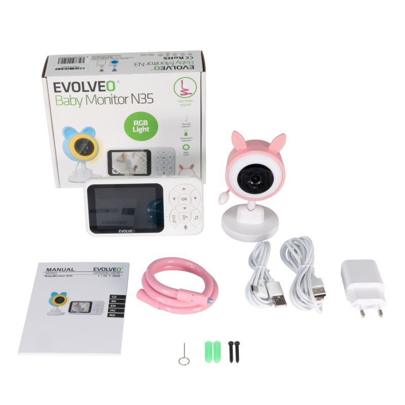 EVOLVEO Baby Monitor N35, dětská chůvička s kamerou,VOX,teploměr,noční vidění,RGB světlo,Růžová - obrázek č. 6