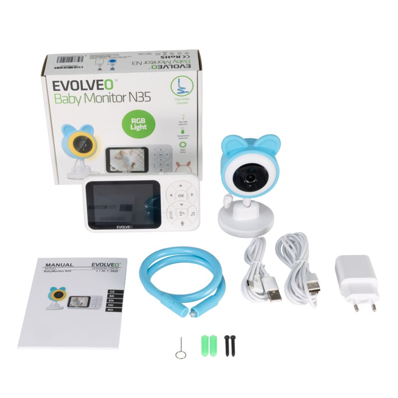 EVOLVEO Baby Monitor N35, dětská chůvička s kamerou,VOX,teploměr,noční vidění,RGB světlo, Modrá - obrázek č. 6